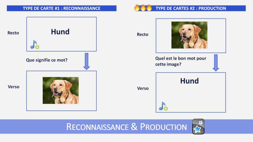 Anki permet de créer des cartes qui vous testent dans les deux sens : reconaissance d'un mot et production