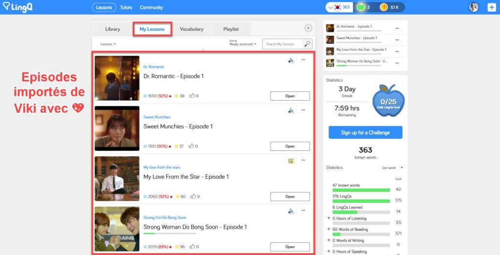 Les épisodes que j'ai importé dans LingQ à partir de la plateforme Viki