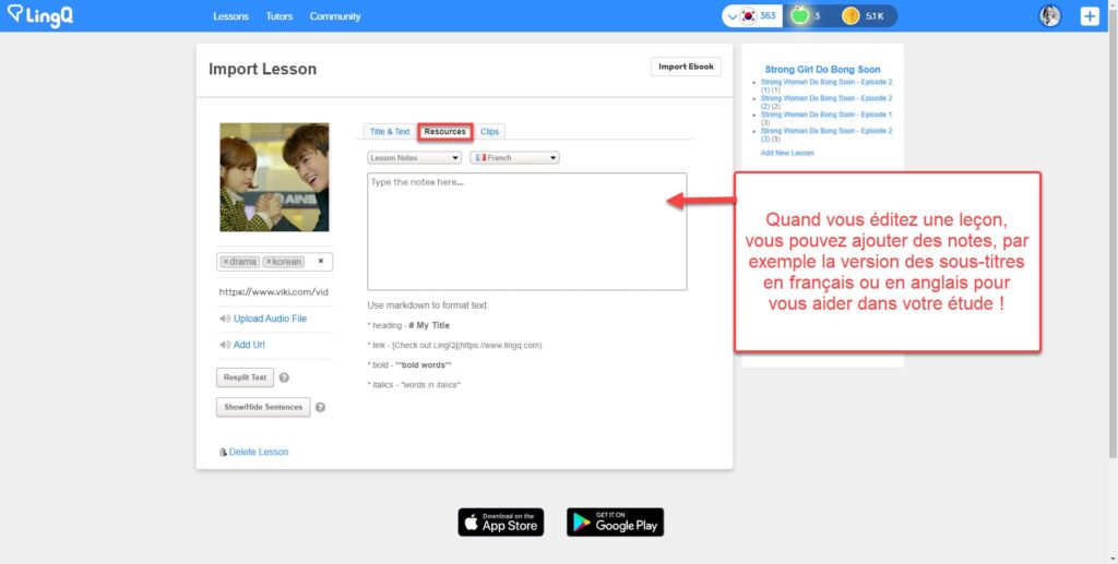 Comment importer des contenus de Viki dans LingQ : vous pouvez également ajouter la traduction en français ou en anglais dans les notes de la leçon