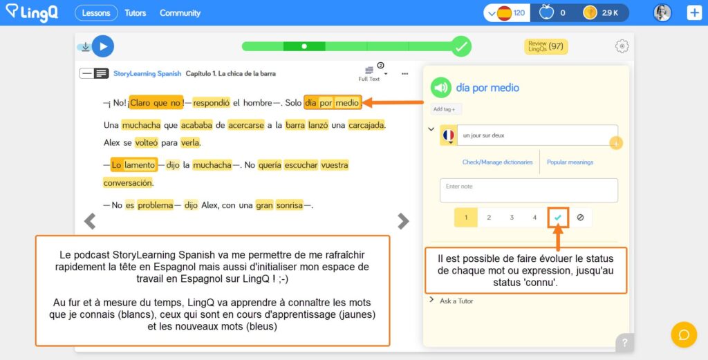 La recherche des mots de vocabulaire se fait automatiquement dans les dictonnaires en ligne