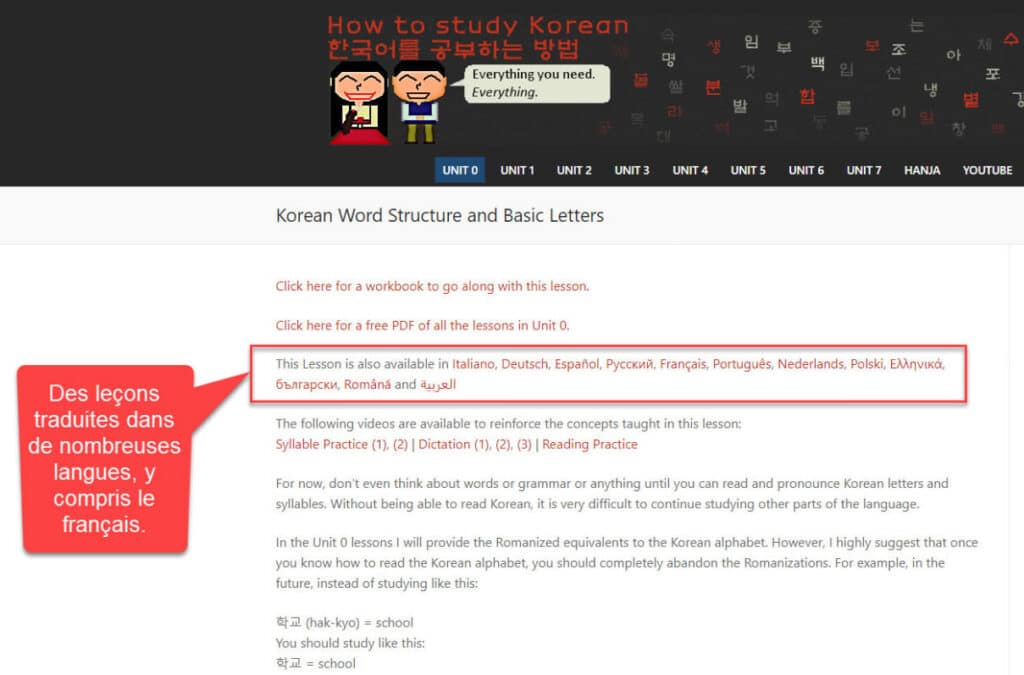 Les cours du site How to Study Korean sont souvent traduits en plusieurs langues