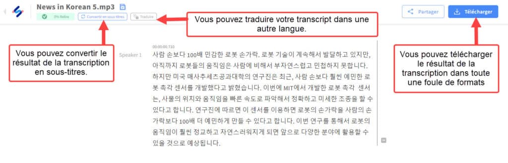 Happy Scribe : une fois les petites corrections de transcription effectuées vous pouvez télécharger le résultat dans différents formats, convertir la transcription en sous-titres ou la traduire dans une autre langue