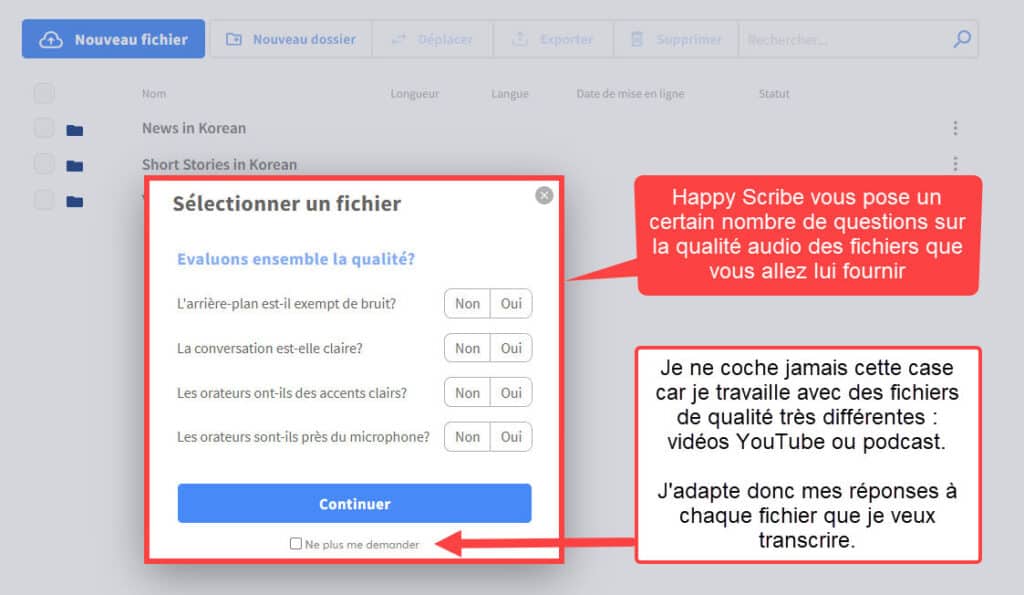 Happy Scribe : Questionnaire sur la qualité audio des fichiers que vous lui fournissez en entrée