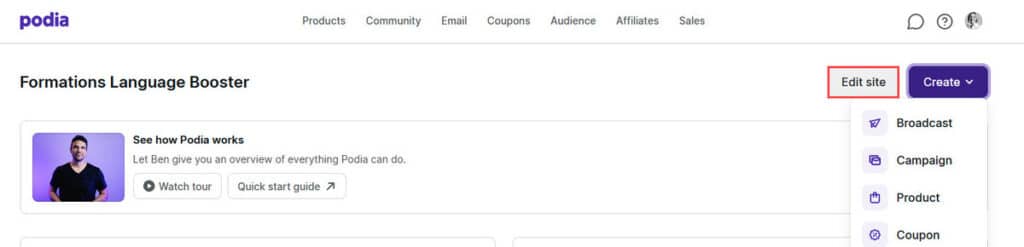 podia edit site button