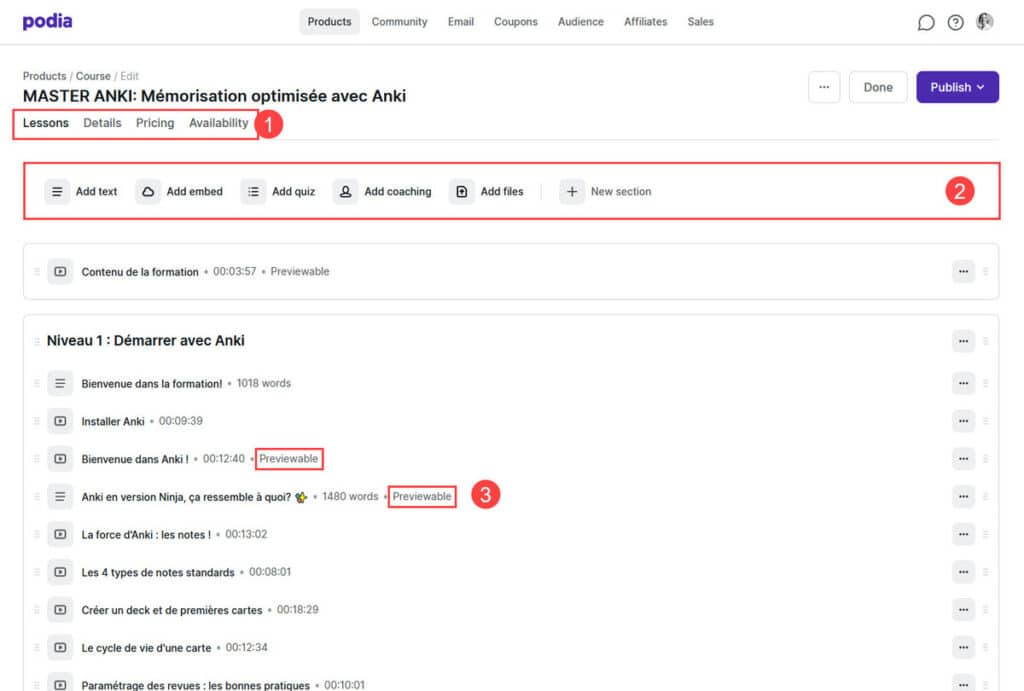podia interface creation formation